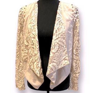 Charlotte Russe Lace Blazer Waterfall Front Embellished Lace Sleeves Beige Small